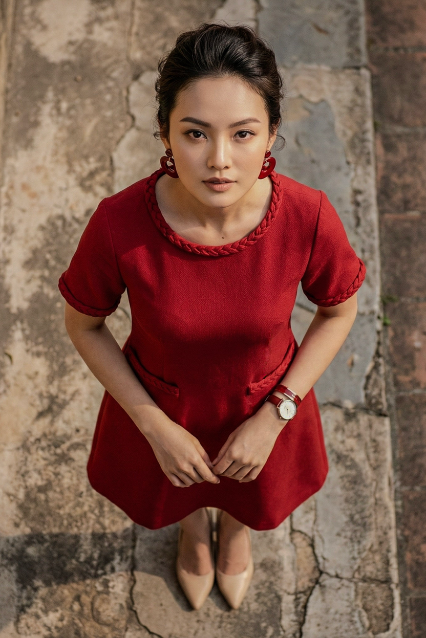 Đầm suông tweed đỏ may đo cao cấp thời trang Hity