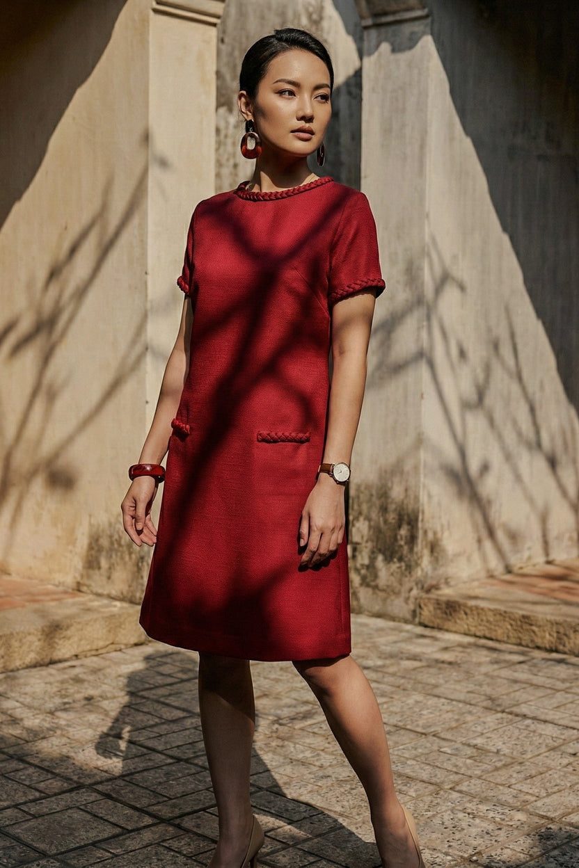 Đầm suông tweed đỏ may đo cao cấp thời trang Hity