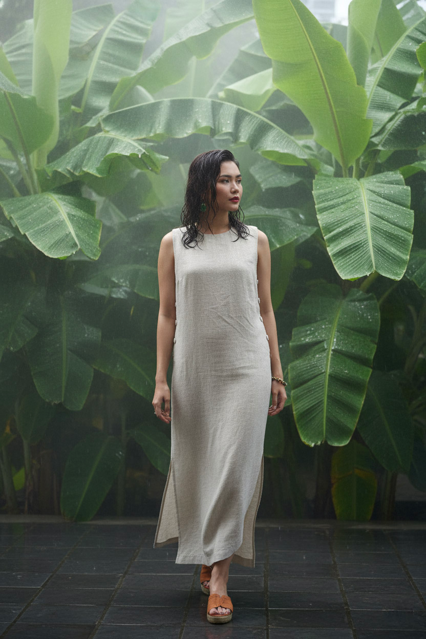 Đầm suông không tay xẻ tà linen xám thời trang Hity