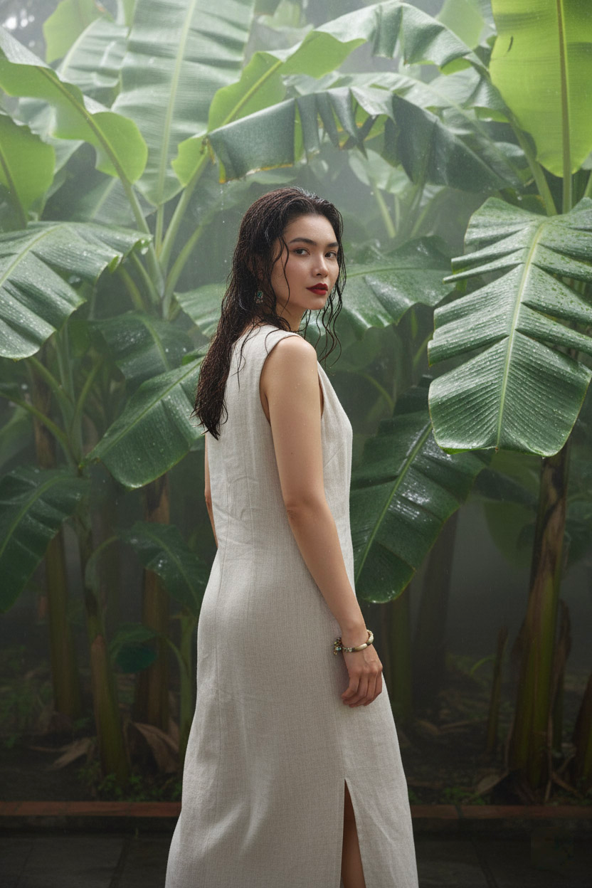 Đầm suông không tay xẻ tà linen xám thời trang Hity