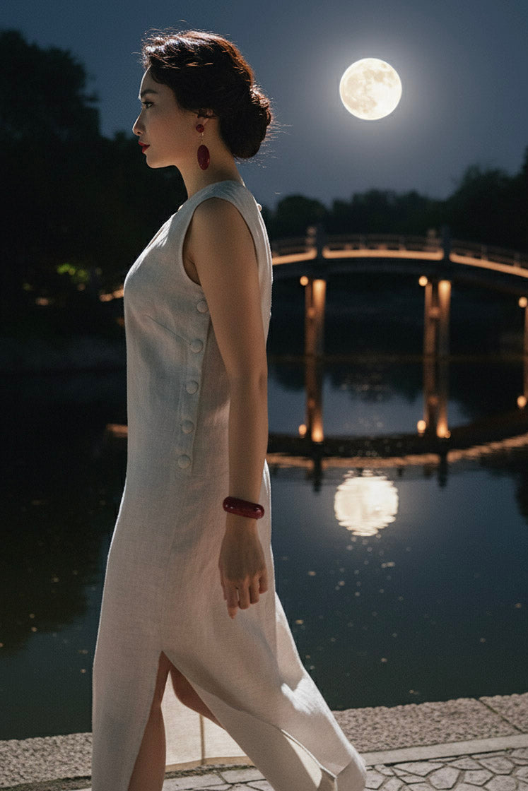 Đầm suông không tay xẻ tà linen xám thời trang Hity