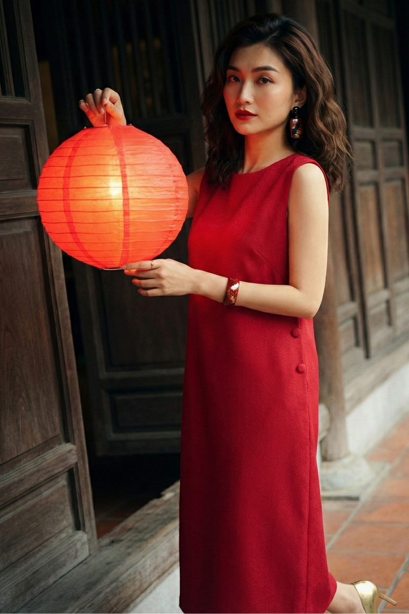 Đầm suông xẻ tà cotton đỏ thời trang Hity