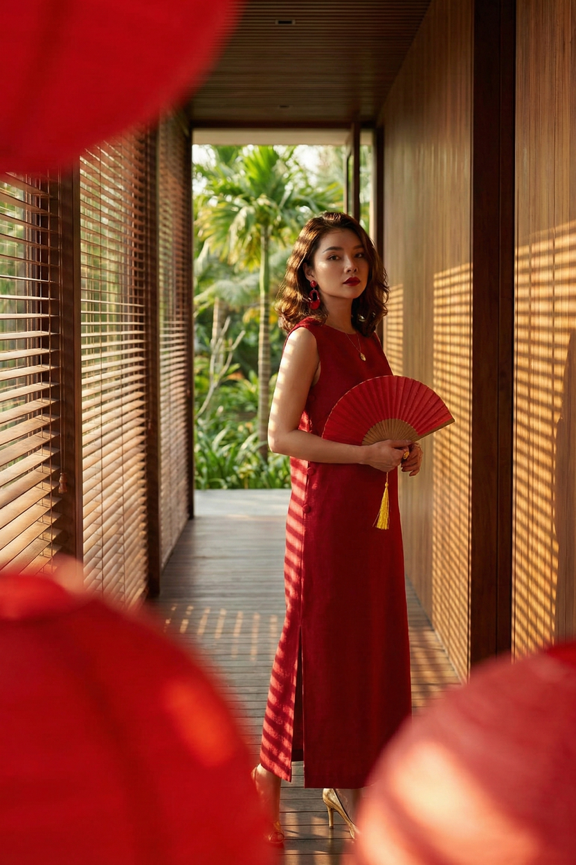 Đầm suông xẻ tà cotton đỏ thời trang Hity