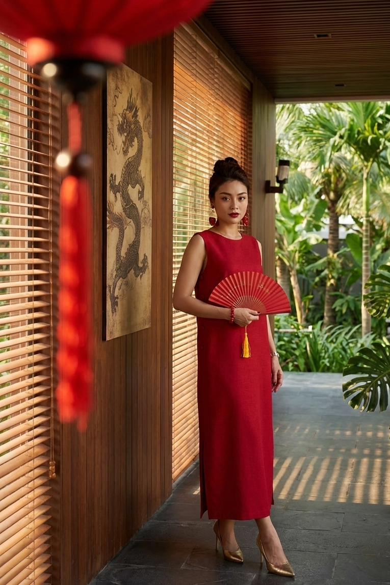 Đầm suông xẻ tà cotton đỏ thời trang Hity