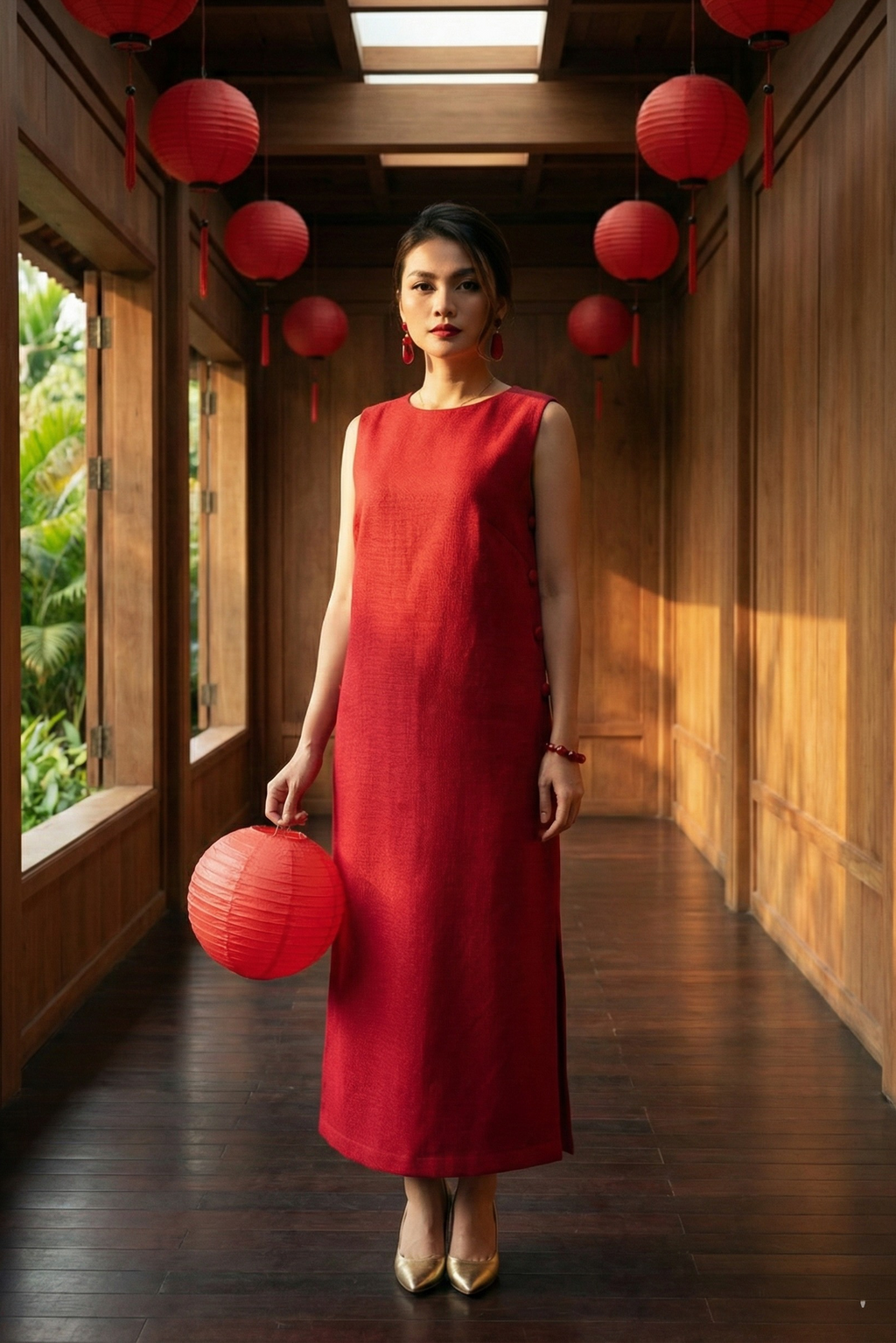 Đầm suông xẻ tà cotton đỏ thời trang Hity