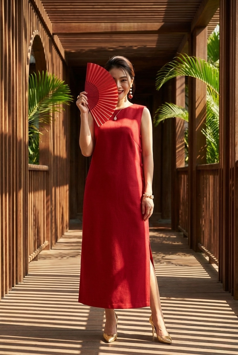 Đầm suông xẻ tà cotton đỏ thời trang Hity