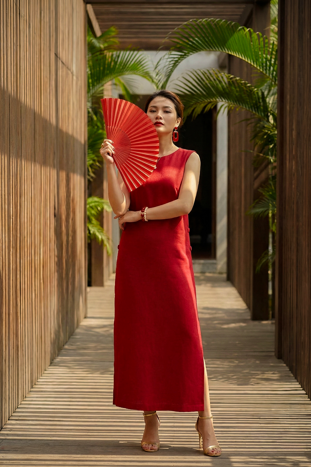 Đầm suông xẻ tà cotton đỏ thời trang Hity