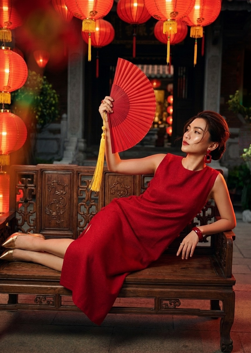 Đầm suông xẻ tà cotton đỏ thời trang Hity