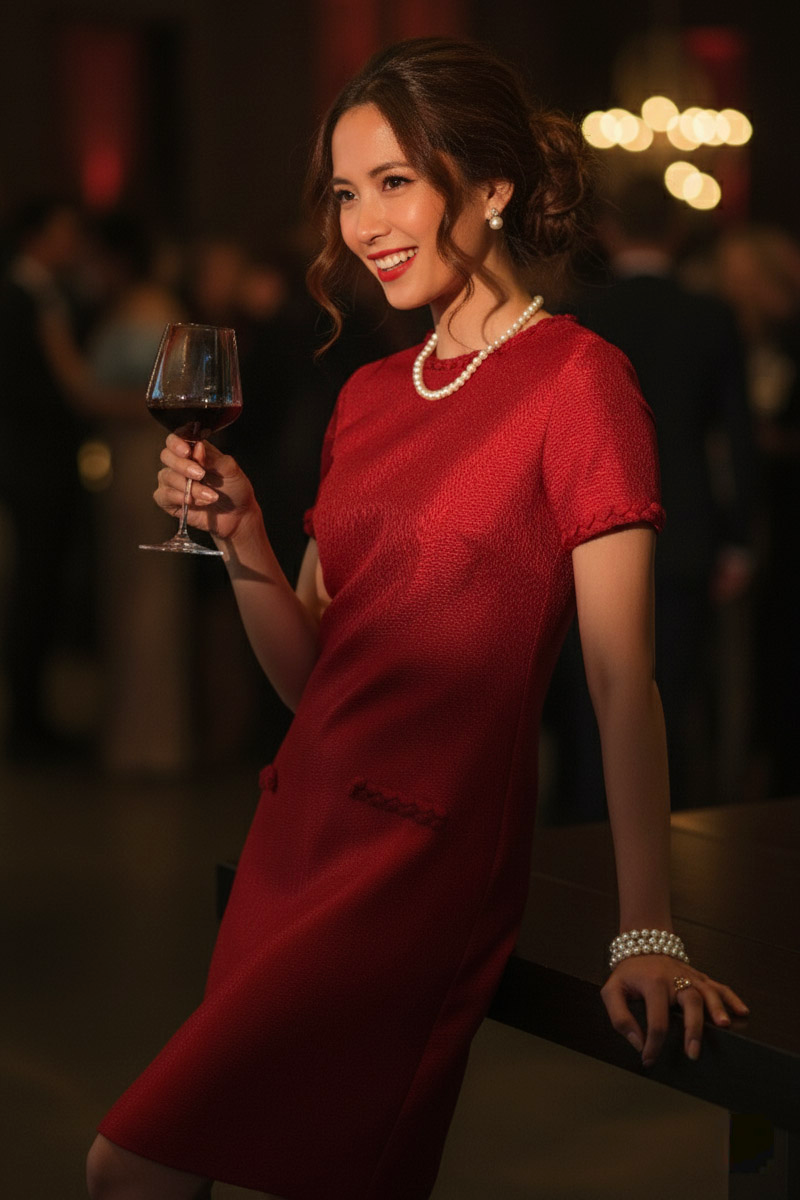 Đầm suông tweed đỏ thời trang Hity