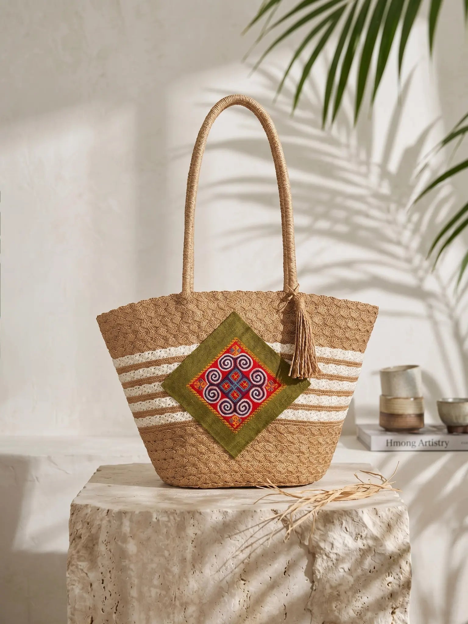 Giỏ tote cói trang trí thổ cẩm thời trang Hity