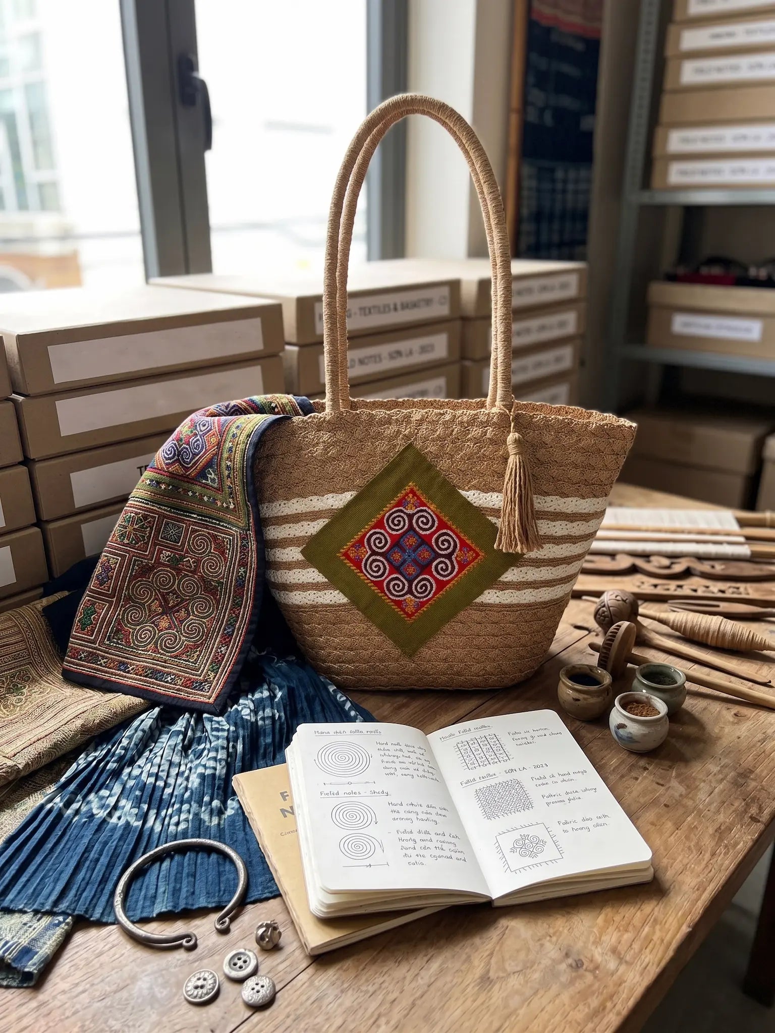 Giỏ tote cói trang trí thổ cẩm thời trang Hity