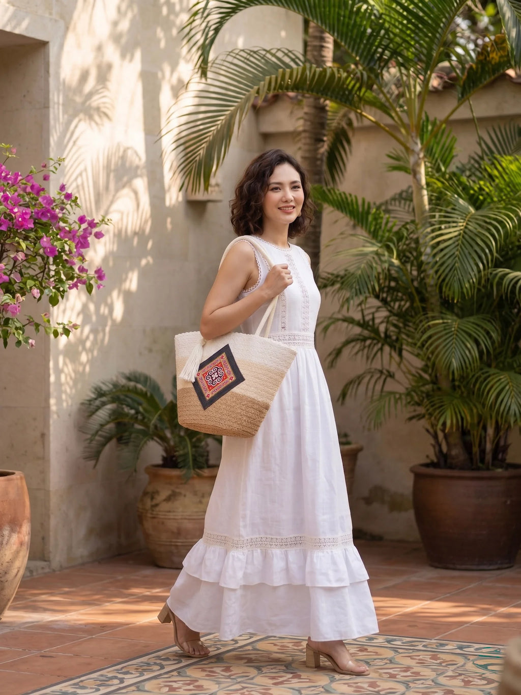 Giỏ cói phối thổ cẩm dáng tote thời trang Hity