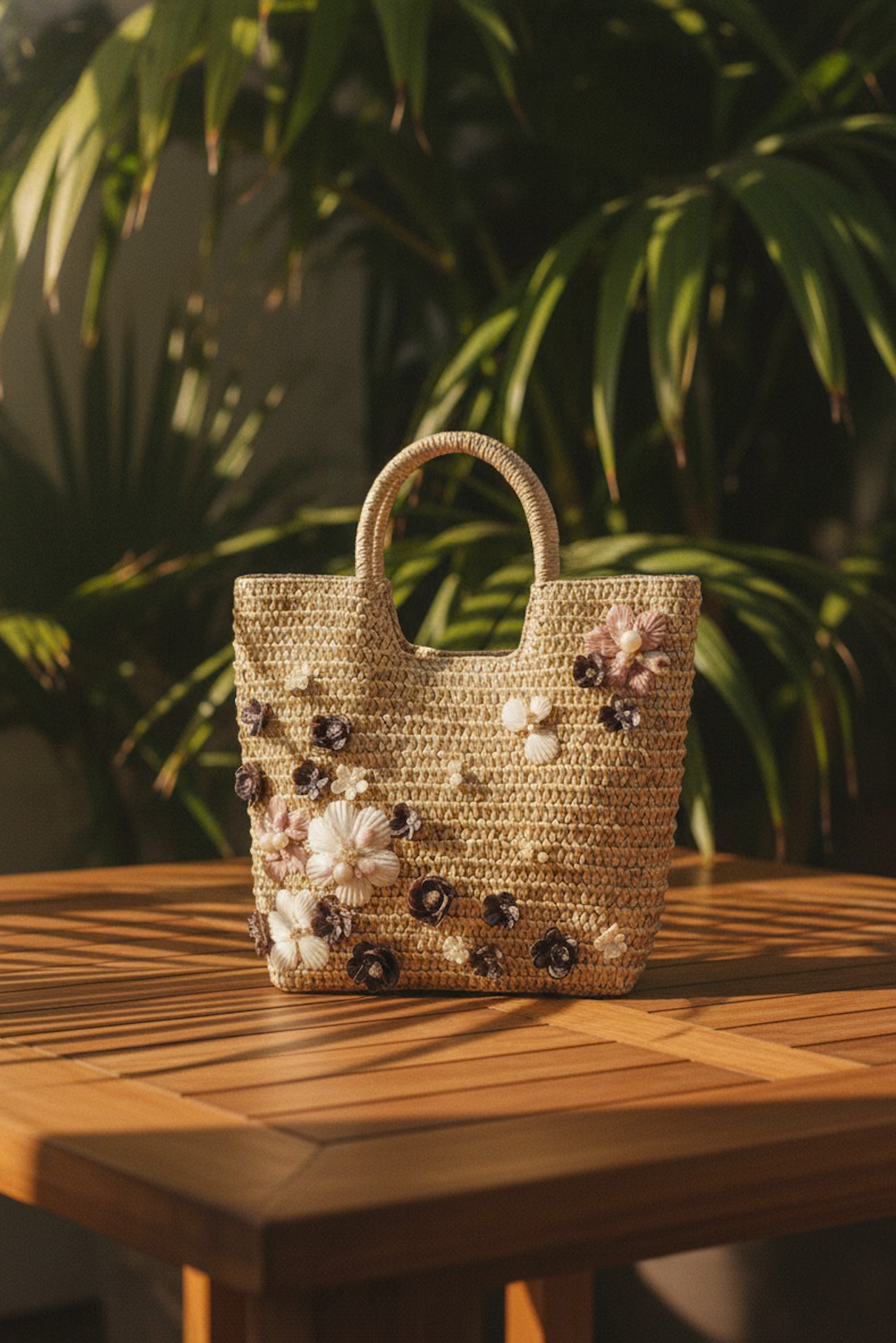 Giỏ cói giấy dáng tote mềm trang trí vỏ sò ốc thời trang Hity