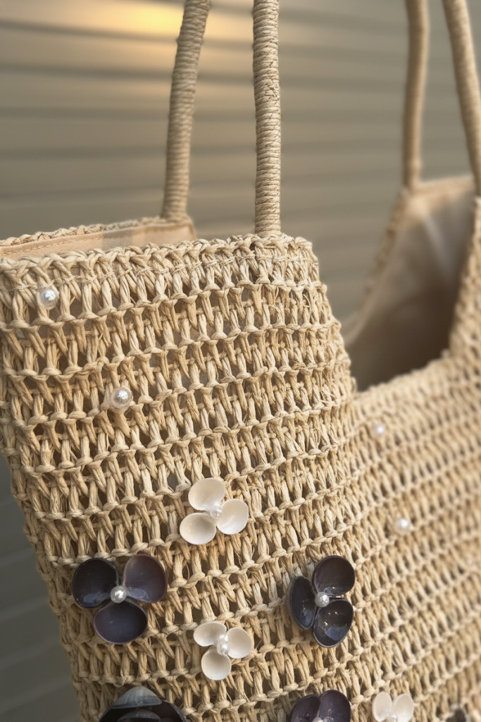 Giỏ cói giấy dáng tote mềm trang trí vỏ sò ốc thời trang Hity