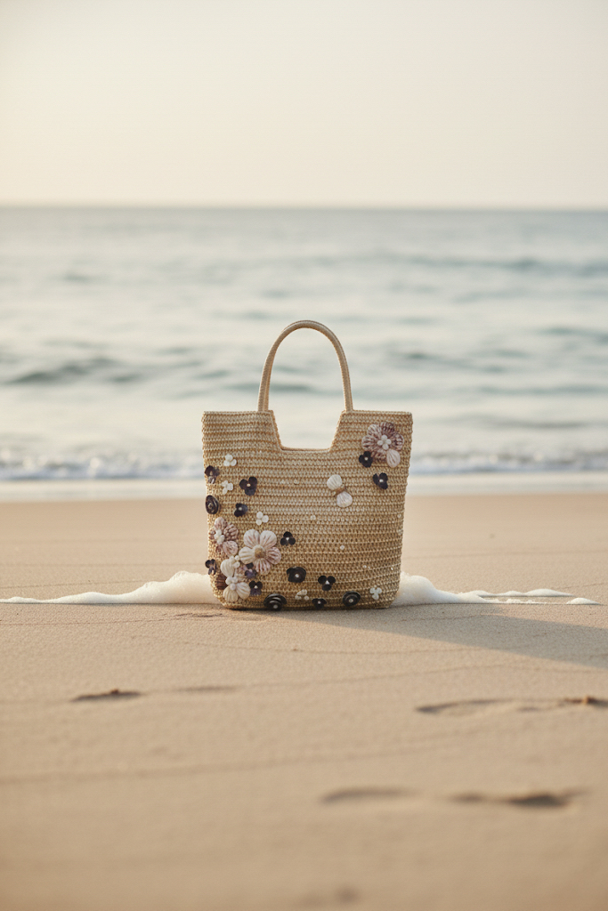 Giỏ cói giấy dáng tote mềm trang trí vỏ sò ốc thời trang Hity