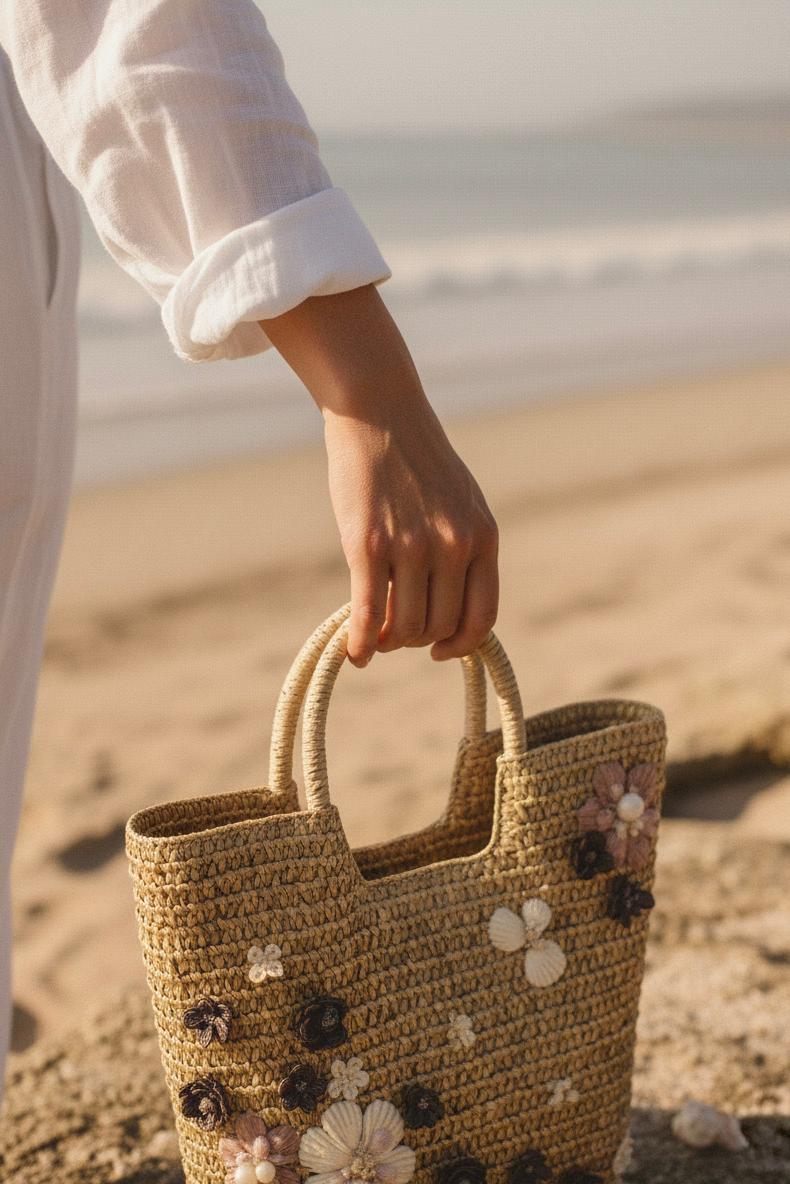 Giỏ cói giấy dáng tote mềm trang trí vỏ sò ốc thời trang Hity