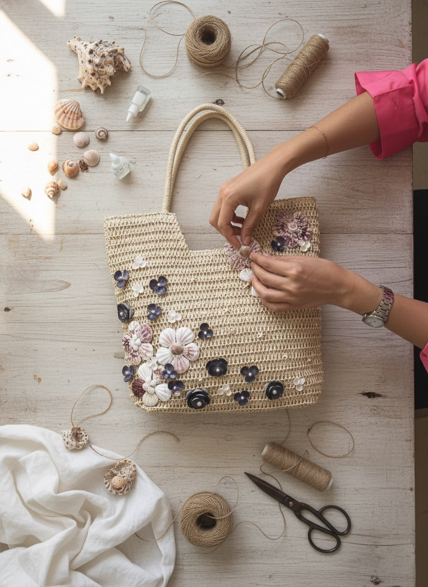 Giỏ cói giấy dáng tote mềm trang trí vỏ sò ốc thời trang Hity