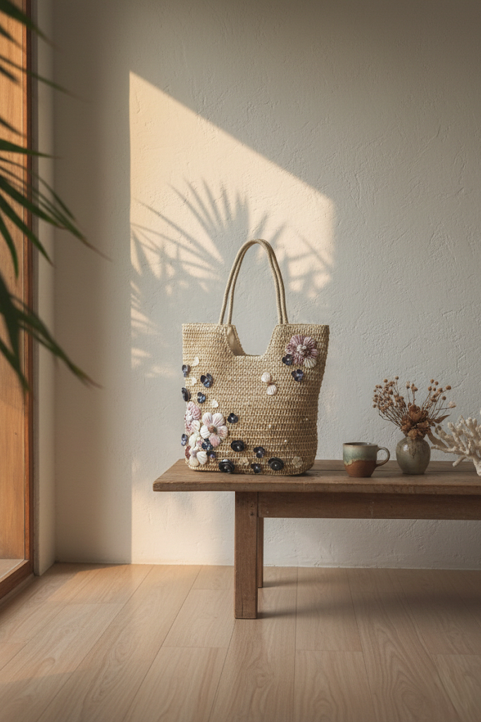 Giỏ cói giấy dáng tote mềm trang trí vỏ sò ốc thời trang Hity