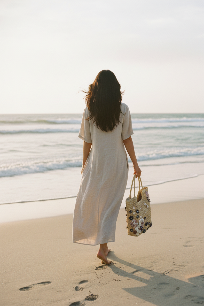 Giỏ cói giấy dáng tote mềm trang trí vỏ sò ốc thời trang Hity