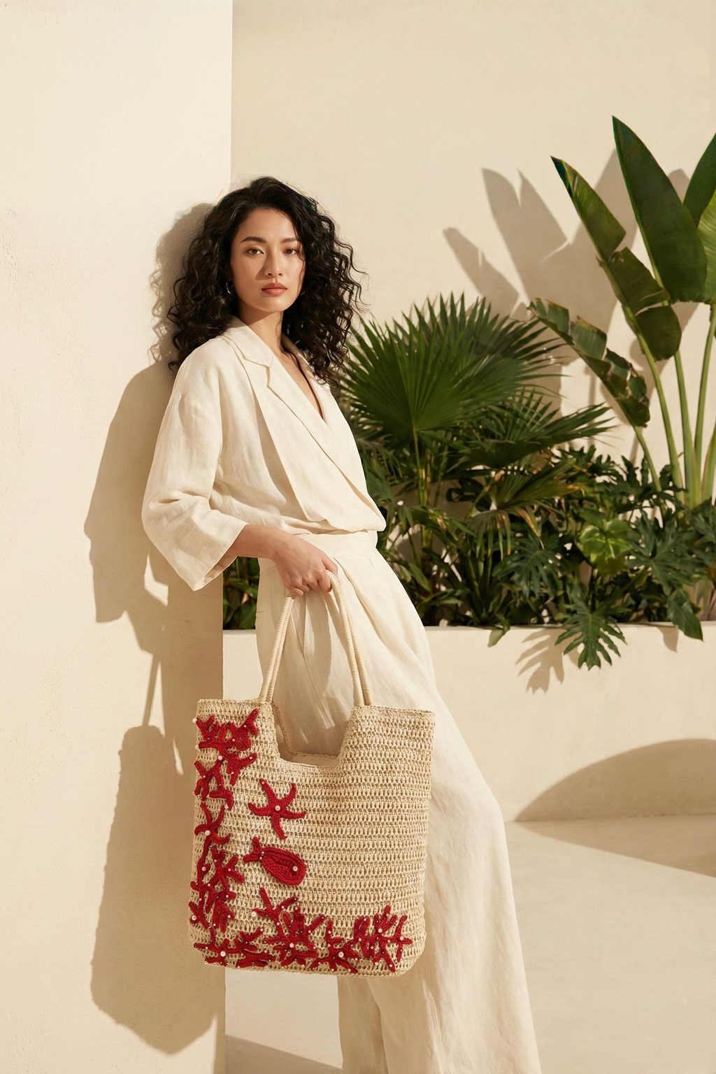 Giỏ cói giấy dáng tote mềm trang trí vỏ sò ốc thời trang Hity