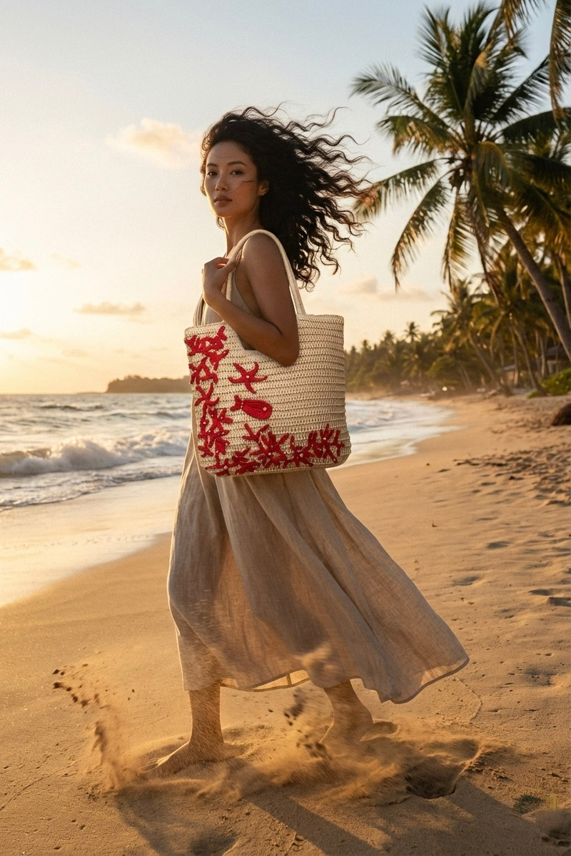 Giỏ cói giấy dáng tote mềm trang trí vỏ sò ốc thời trang Hity