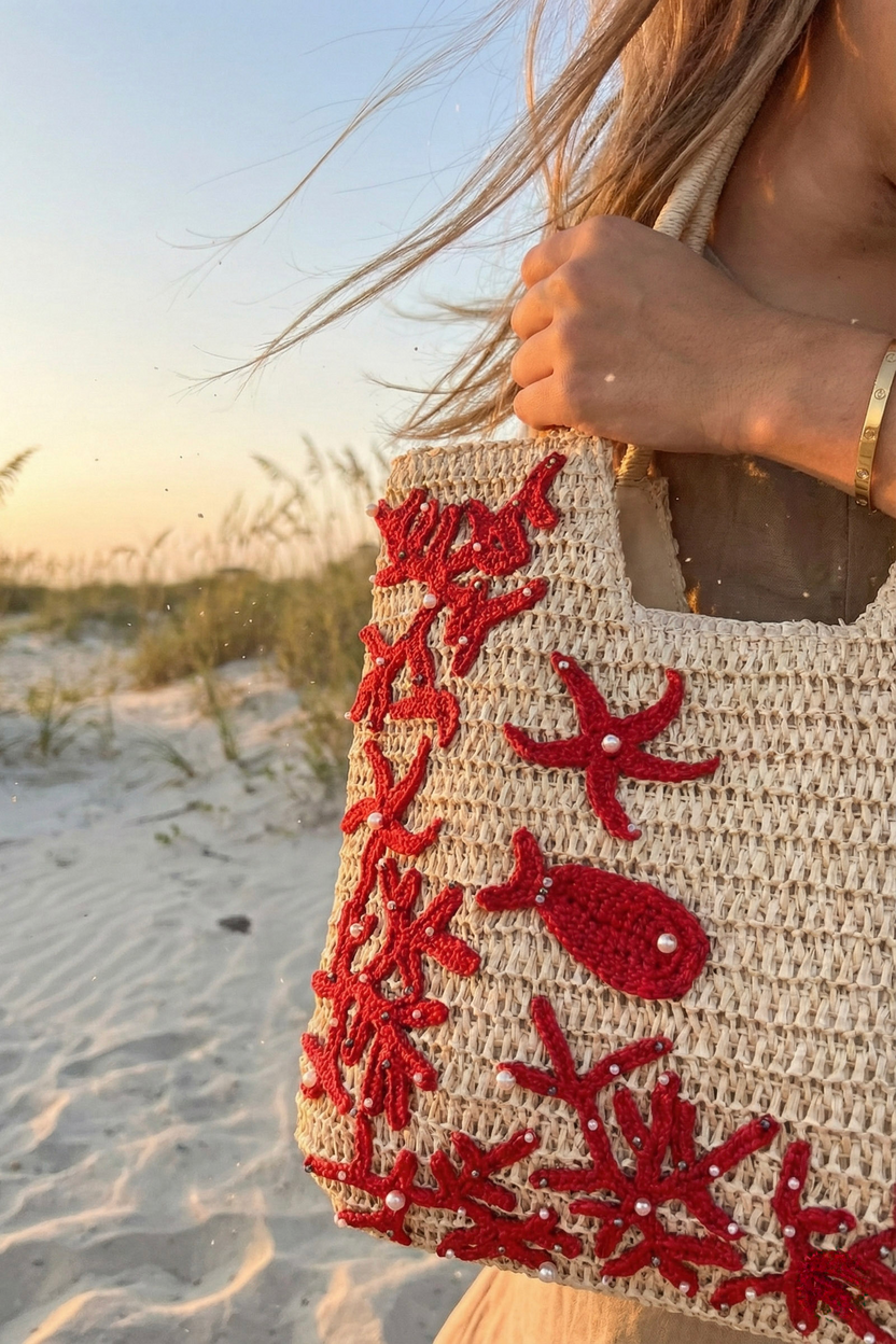 Giỏ cói giấy dáng tote mềm trang trí vỏ sò ốc thời trang Hity