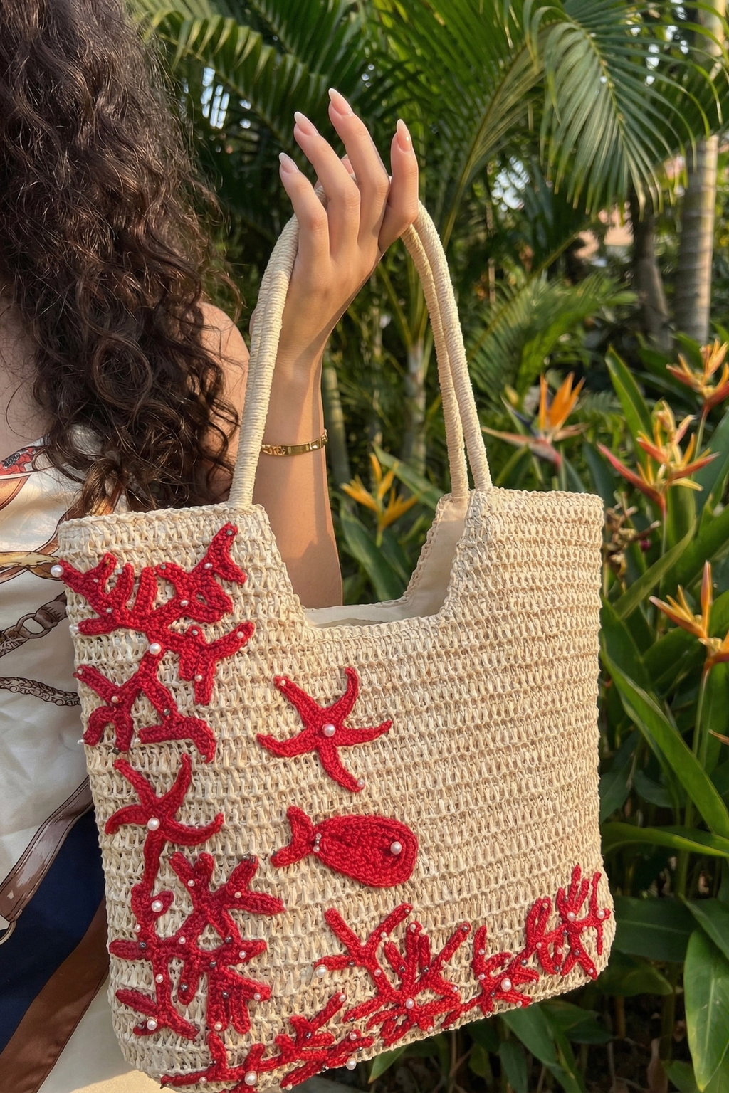 Giỏ cói giấy dáng tote mềm trang trí vỏ sò ốc thời trang Hity