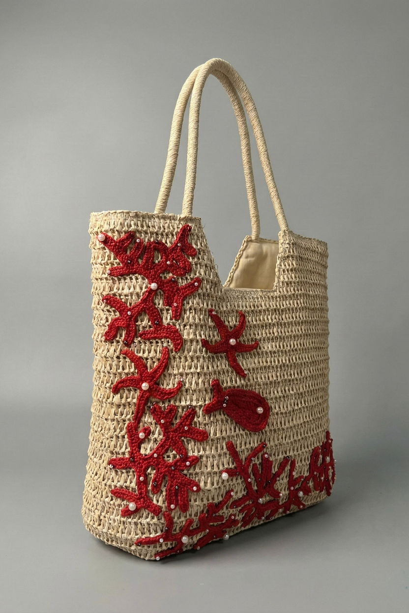 Giỏ cói giấy dáng tote mềm trang trí vỏ sò ốc thời trang Hity