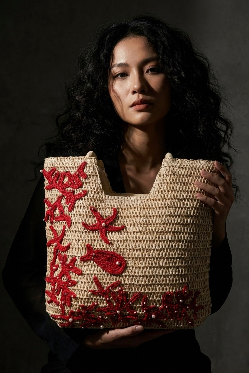 Giỏ cói giấy dáng tote mềm trang trí vỏ sò ốc thời trang Hity