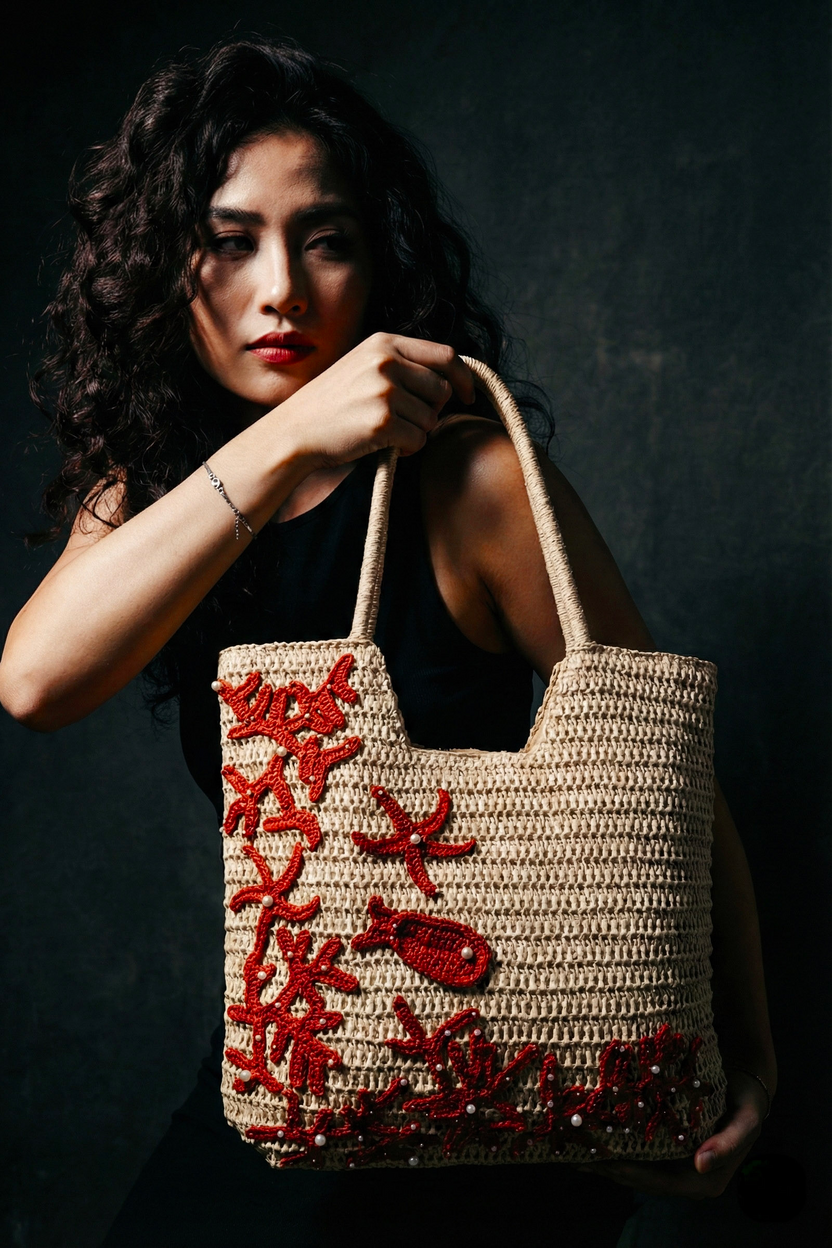 Giỏ cói giấy dáng tote mềm trang trí vỏ sò ốc thời trang Hity