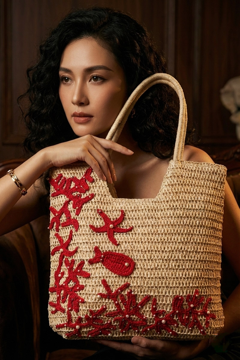 Giỏ cói giấy dáng tote mềm trang trí vỏ sò ốc thời trang Hity