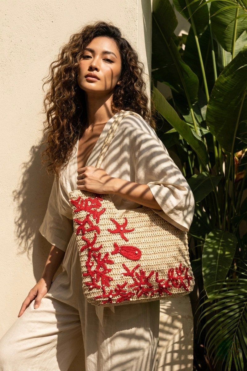 Giỏ cói giấy dáng tote mềm trang trí vỏ sò ốc thời trang Hity