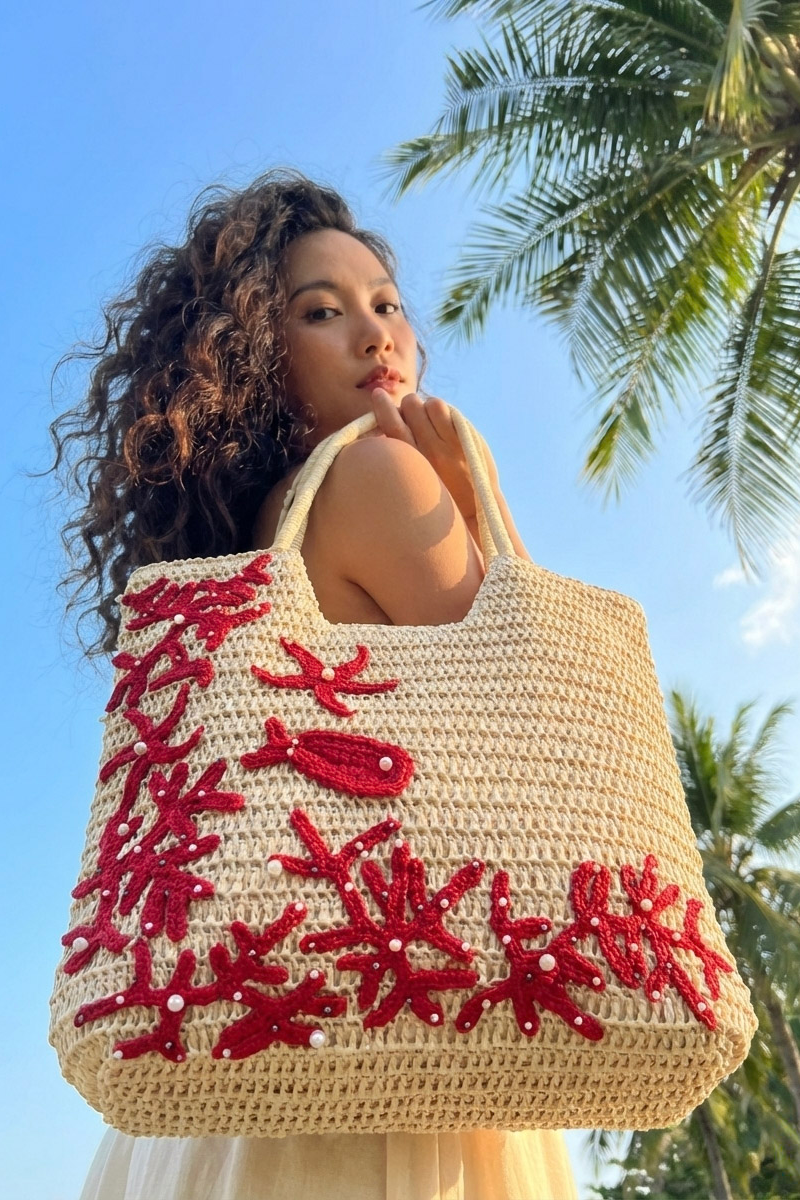 Giỏ cói giấy dáng tote mềm trang trí vỏ sò ốc thời trang Hity