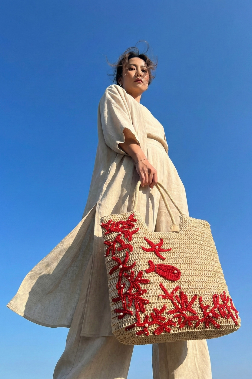 Giỏ cói giấy dáng tote mềm trang trí vỏ sò ốc thời trang Hity