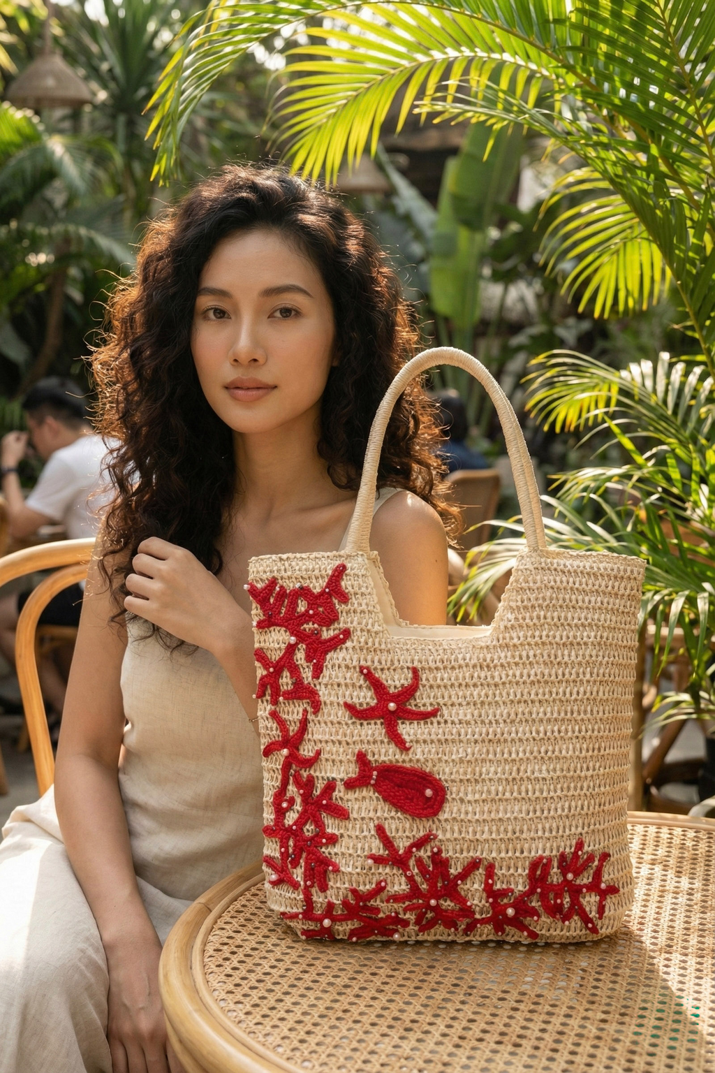 Giỏ cói giấy dáng tote mềm trang trí vỏ sò ốc thời trang Hity