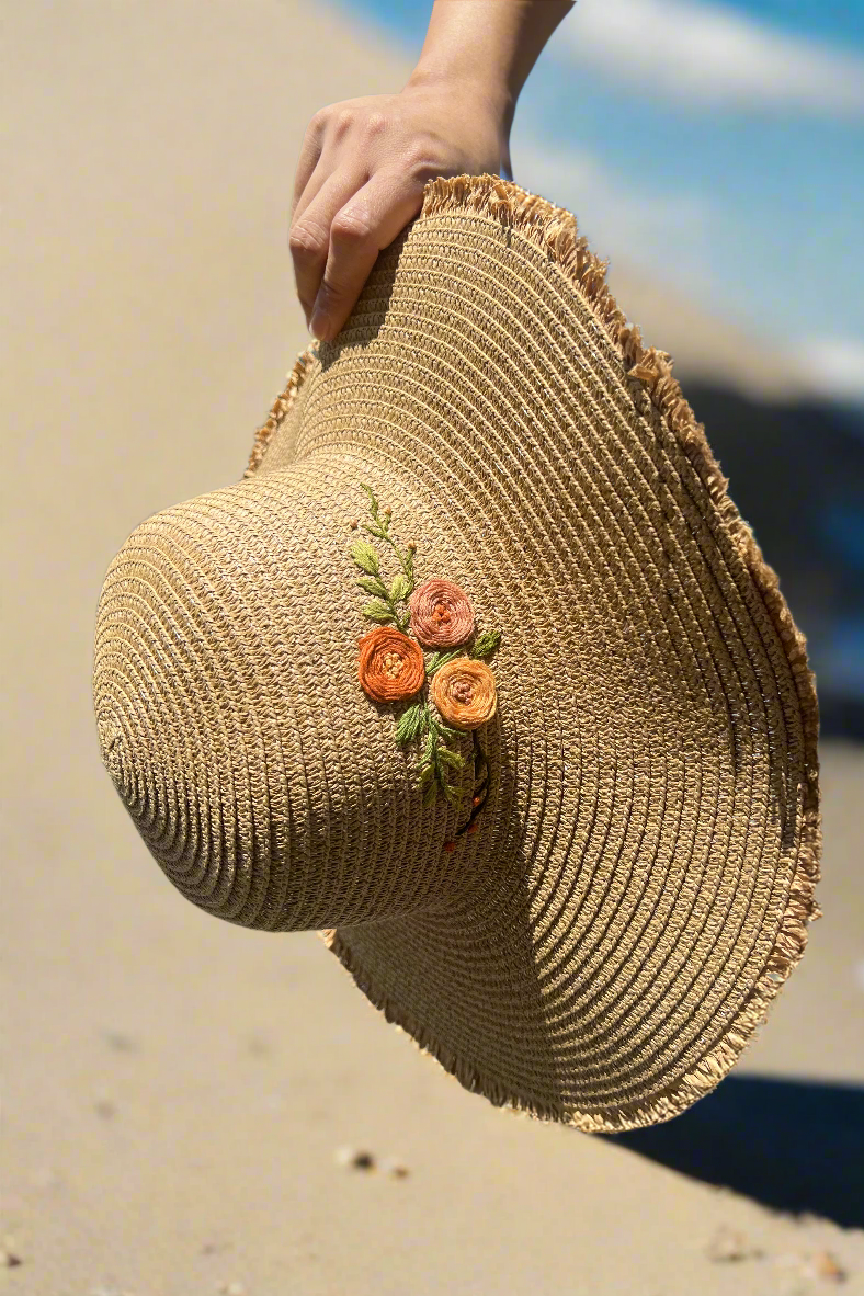 Mũ nón cói vành rộng thêu tay thời trang Hity