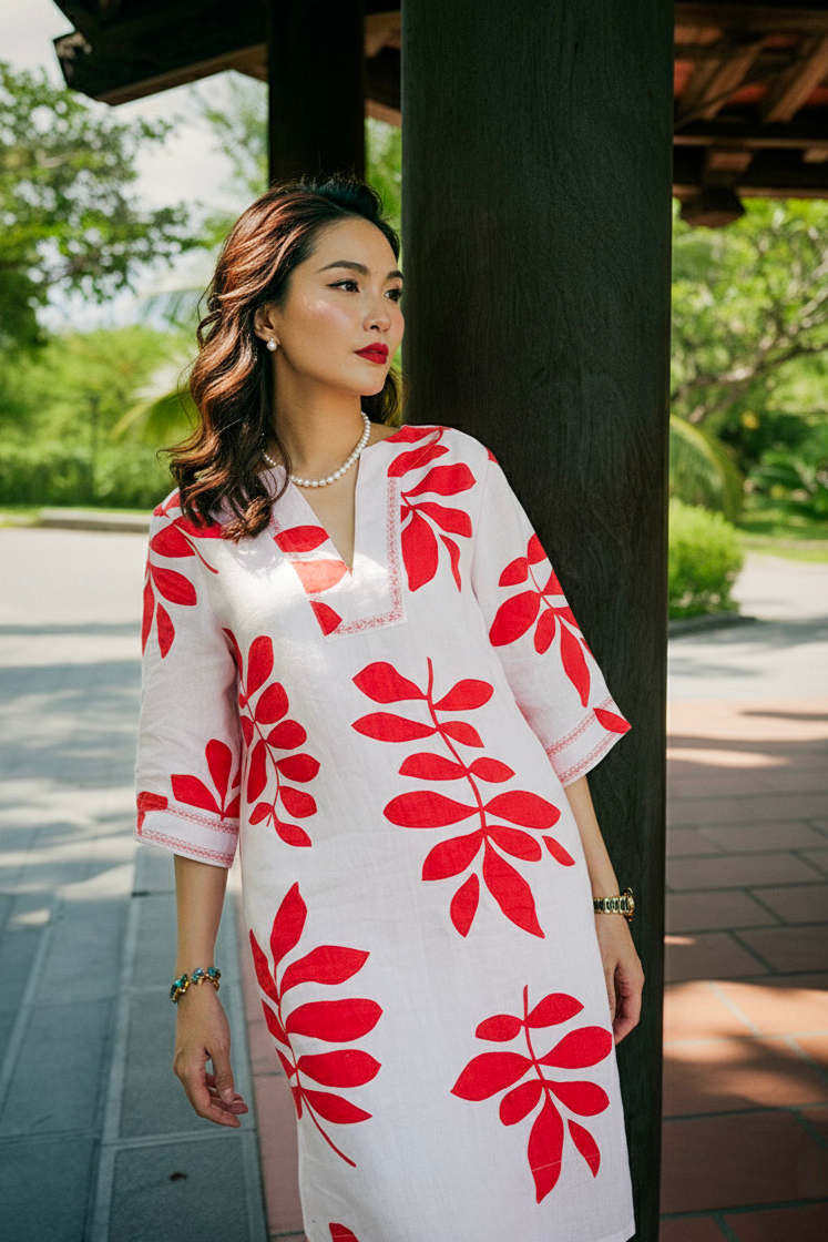 Đầm suông linen lá đỏ thêu lắc tay thời trang Hity