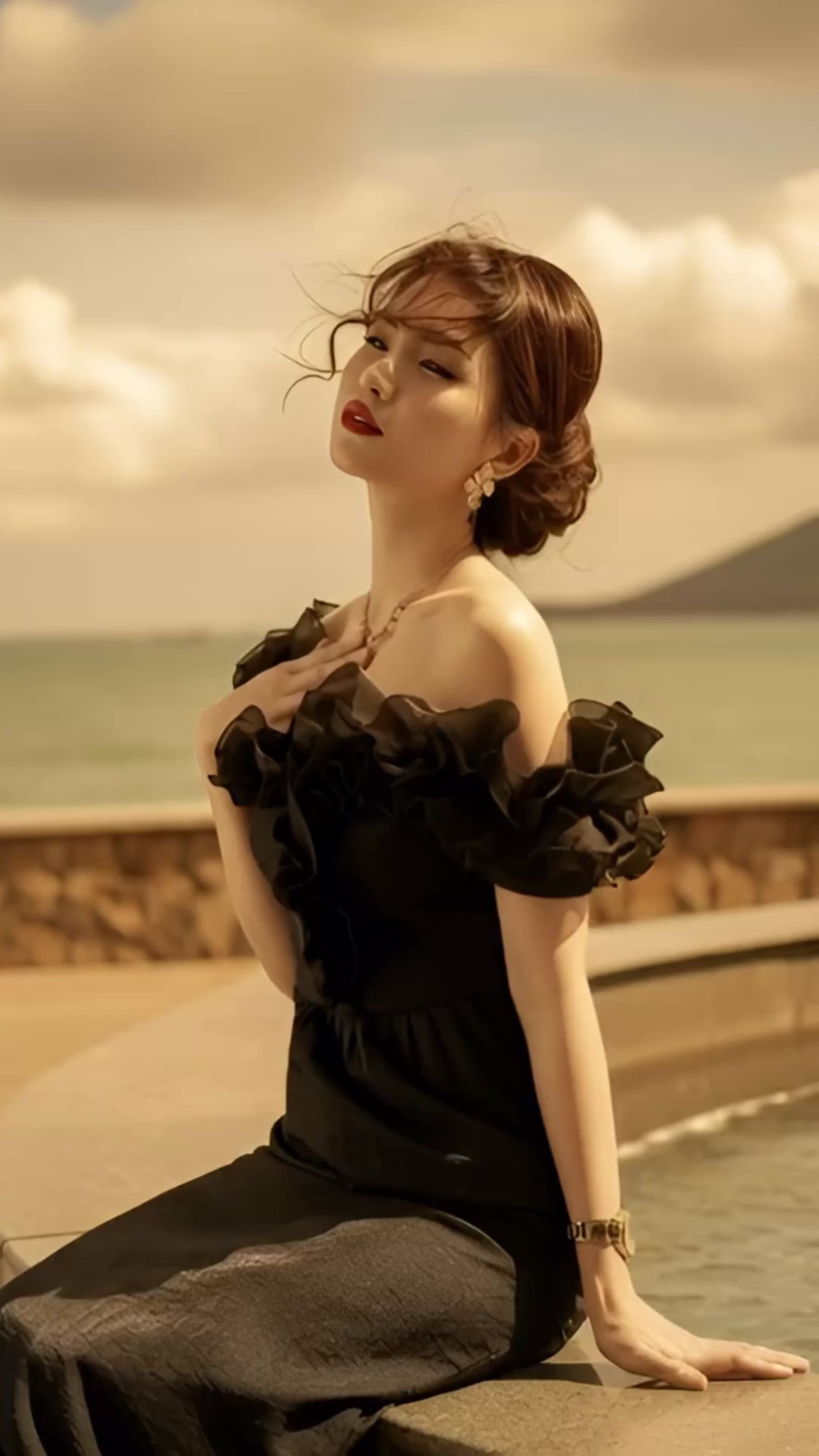 Đầm maxi trễ vai đi tiệc organza đen thời trang Hity