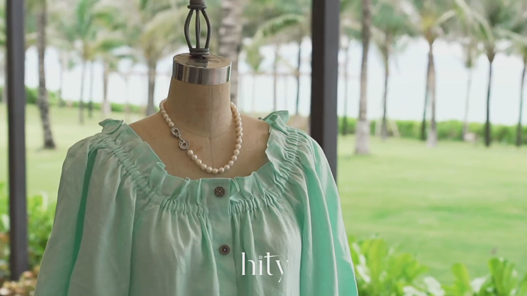 Đầm midi trễ vai linen thêu tay xanh pastel thời trang Hity