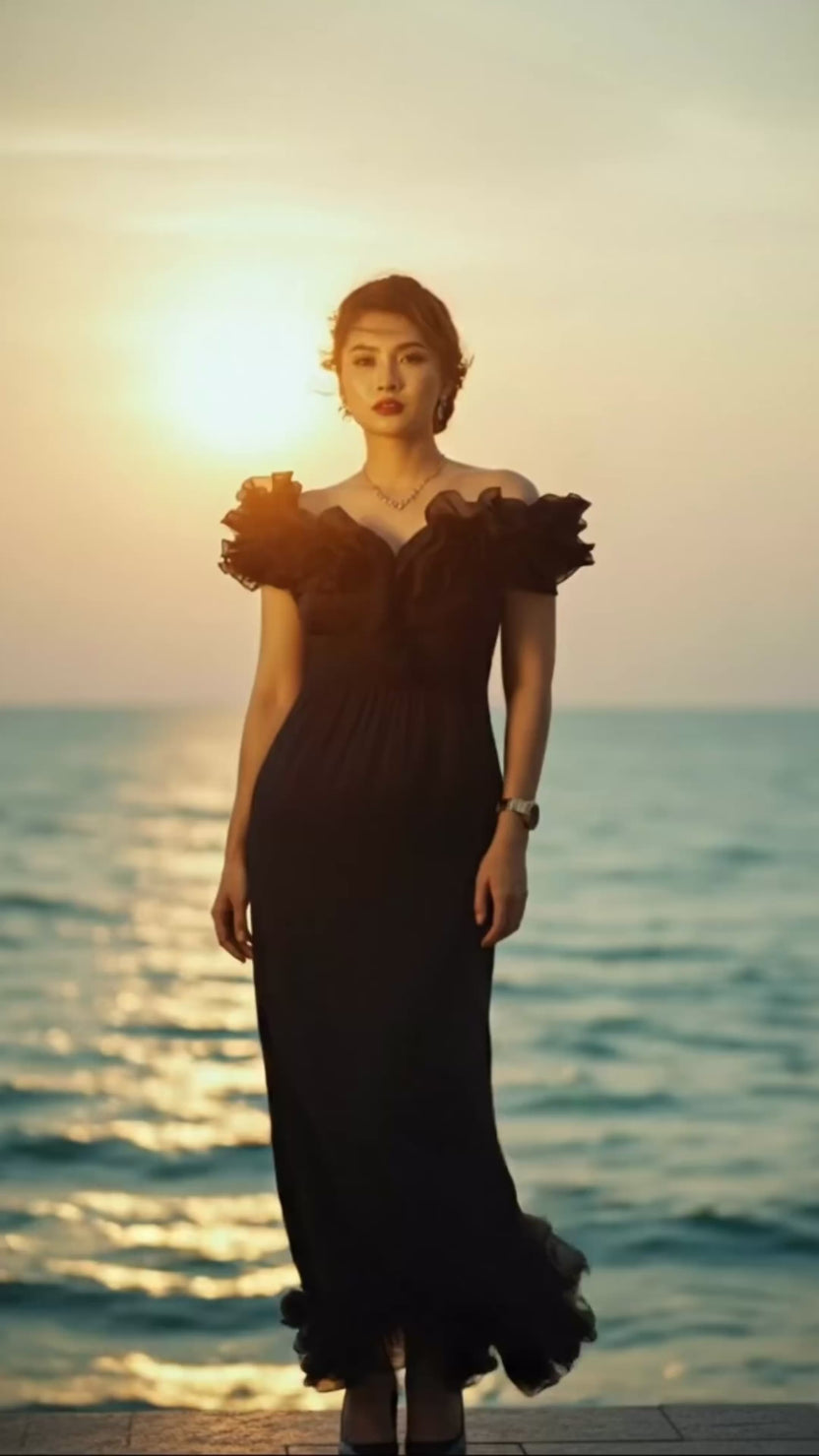 Đầm maxi trễ vai đi tiệc organza đen thời trang Hity