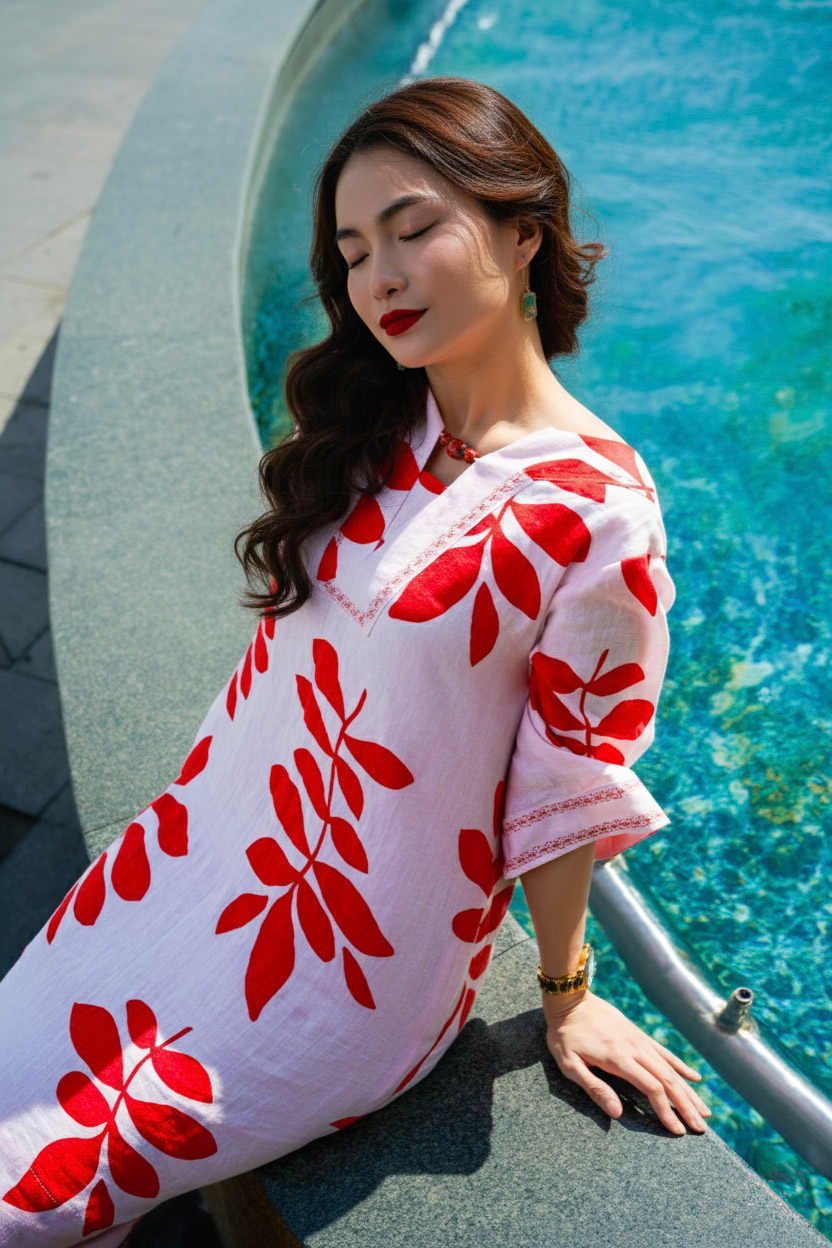 Đầm suông linen lá đỏ thêu lắc tay thời trang Hity