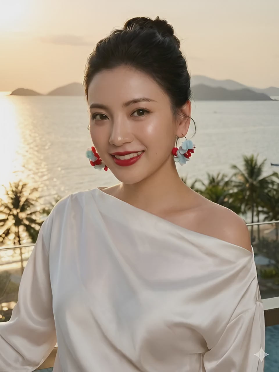 Bông tai tròn cánh hoa đỏ thời trang Hity